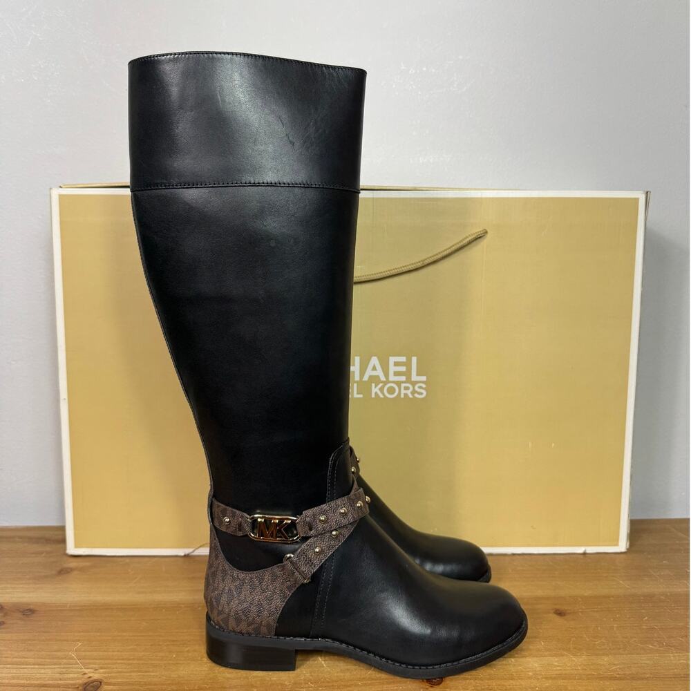 New Michael Kors Kincaid Leather Riding Boot in Black/Brown Women's Size 6 - Picture 4 of 8